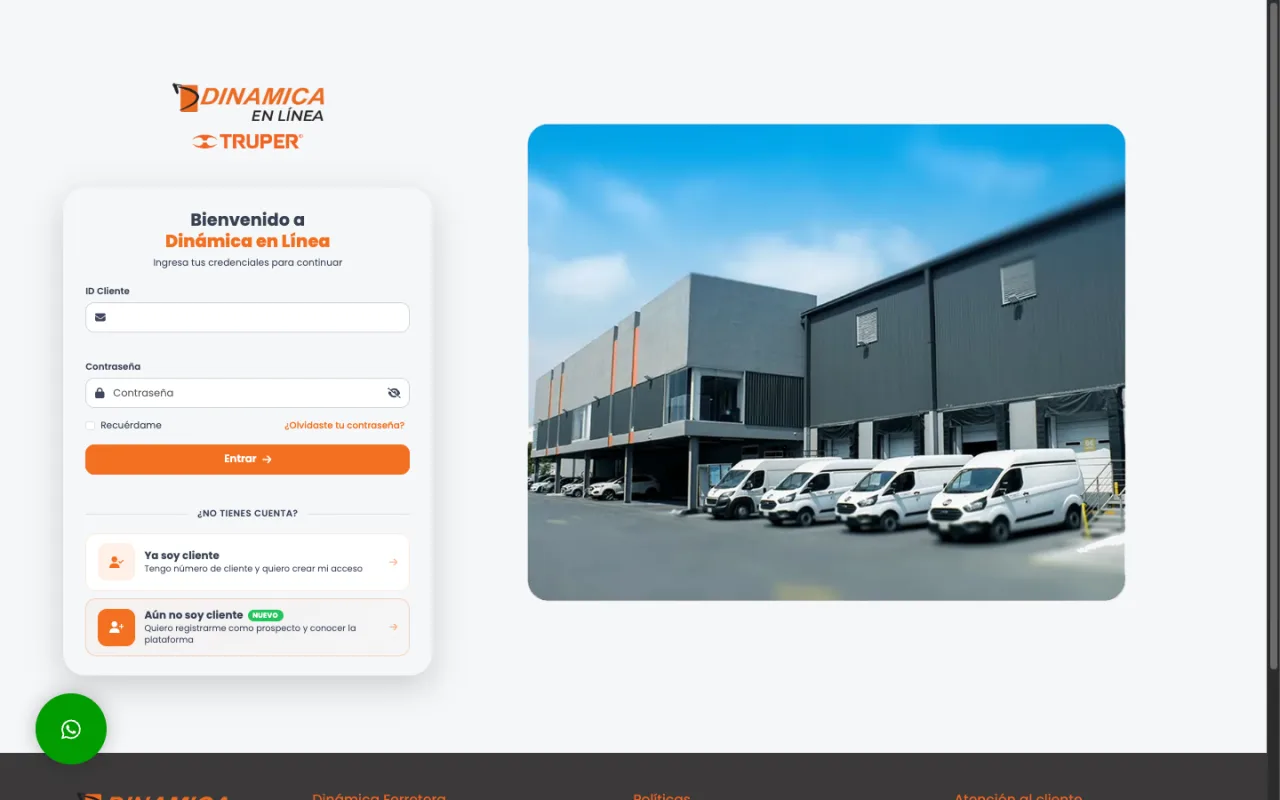 Pantalla de acceso B2B de Dinámica en Línea, con marca e ingreso por ID de cliente.