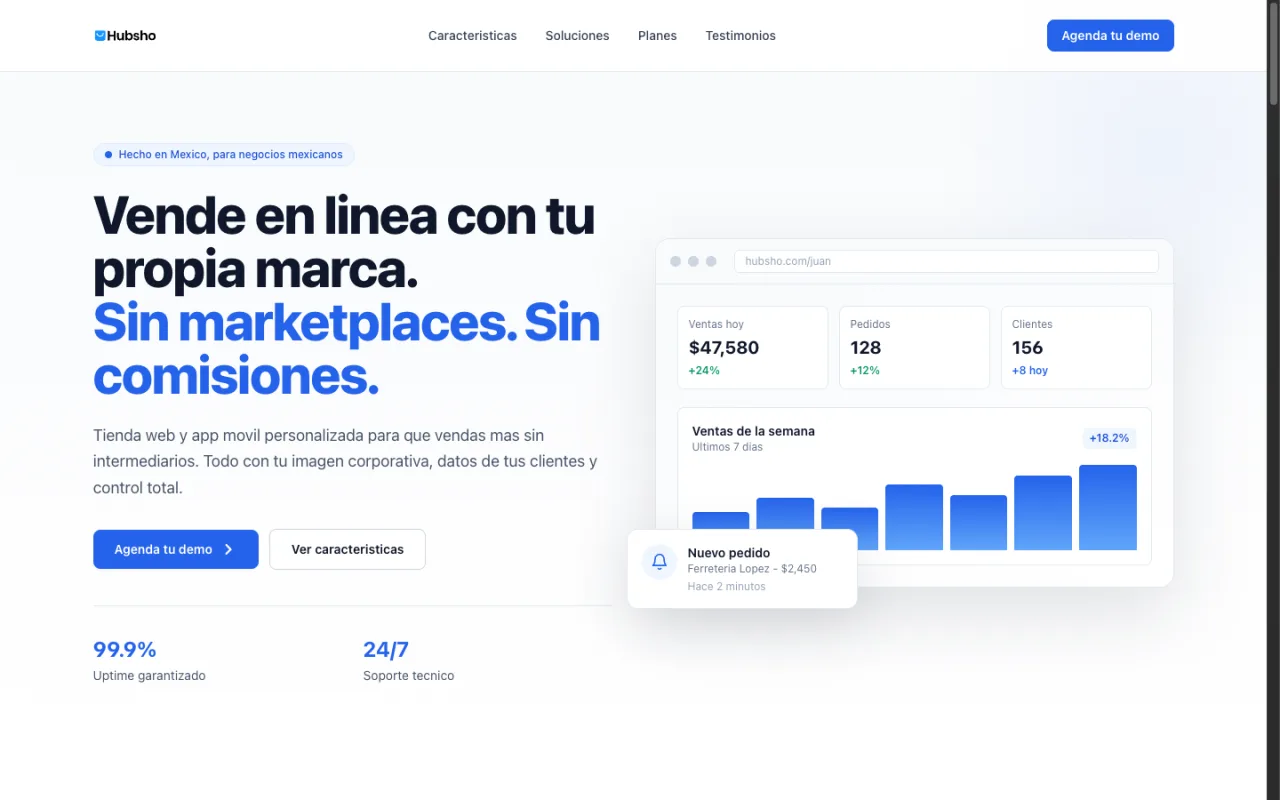 Landing de Hubsho con el mensaje "vende en línea con tu propia marca".