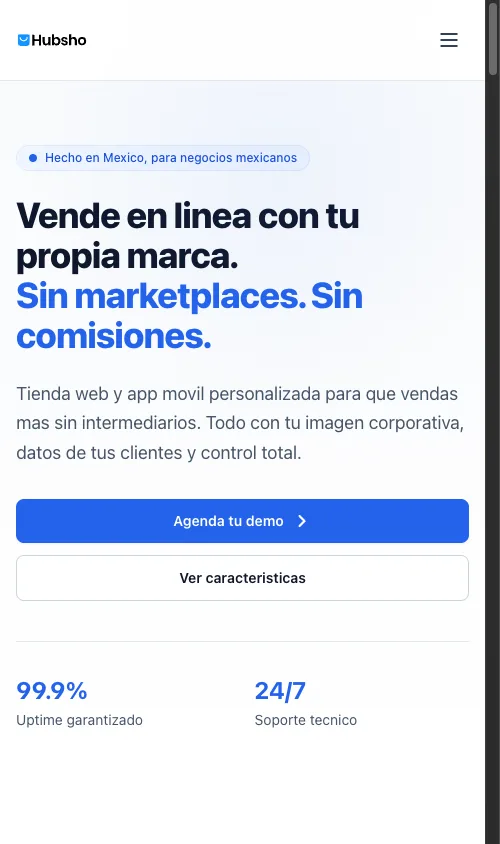 Sitio público de Hubsho en móvil.