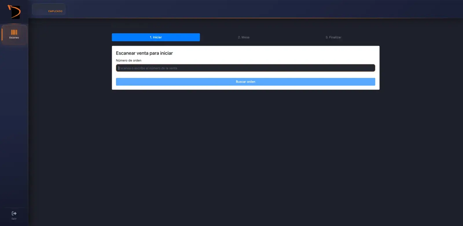 Panel de operación en tema oscuro, con el flujo de escaneo de una venta.